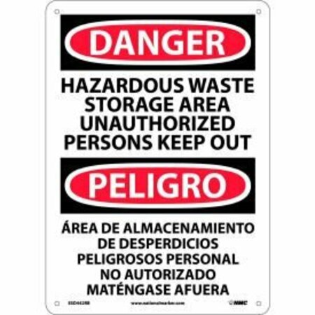 NATIONAL MARKER CO Bilingual Plastic Sign - Danger Hazardous Waste Storage Area Unauthorized Out ESD442RB